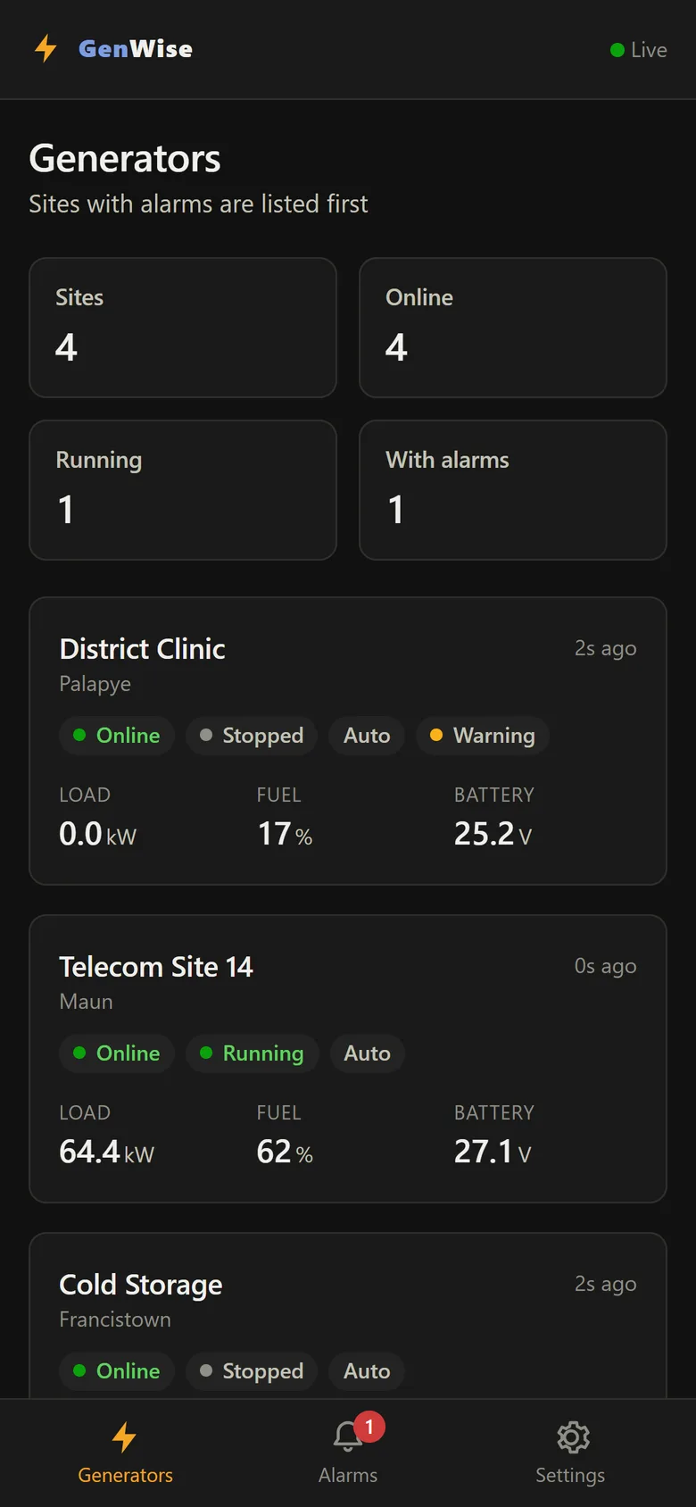 GenWise on a phone: fleet overview